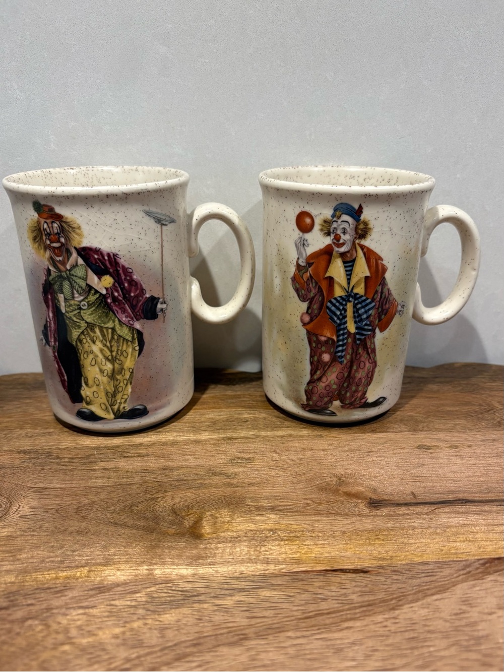 Vintage Clown Speckled Stoneware Mugs - Set of 2 - Made in England Cups